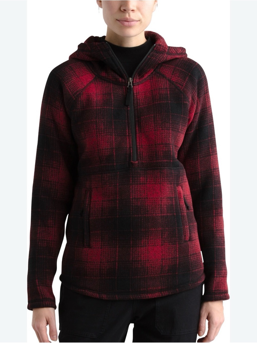 THE NORTH FACE Printed Crescent Hooded Pullover Red/Black Plaid Sz L Sweatshirt